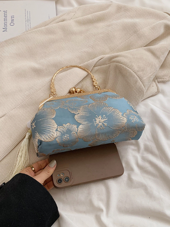 Μεταξωτή τσάντα τύπου κλιπ, κινεζικός μοτίβος σε στυλ chinoiserie, οριζόντιο τετράγωνο σχήμα, θήκη για κινητό