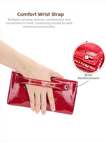 Дамски дълъг портфейл от естествена кожа, лакована кожа с крокодилен модел, голям капацитет, множество отделения за карти, водоустойчив