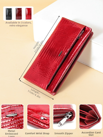 Дамски дълъг портфейл от естествена кожа, лакована кожа с крокодилен модел, голям капацитет, множество отделения за карти, водоустойчив