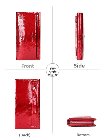 Дамски дълъг портфейл от естествена кожа, лакована кожа с крокодилен модел, голям капацитет, множество отделения за карти, водоустойчив