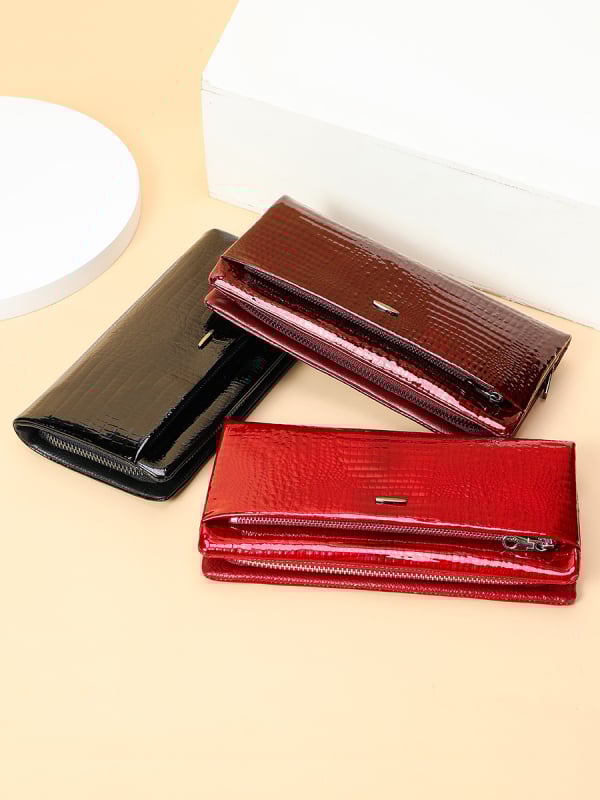 Дамски дълъг портфейл от естествена кожа, лакована кожа с крокодилен модел, голям капацитет, множество отделения за карти, водоустойчив