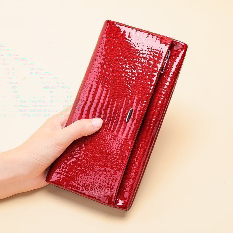 Дамски дълъг портфейл от естествена кожа, лакована кожа с крокодилен модел, голям капацитет, множество отделения за карти, водоустойчив