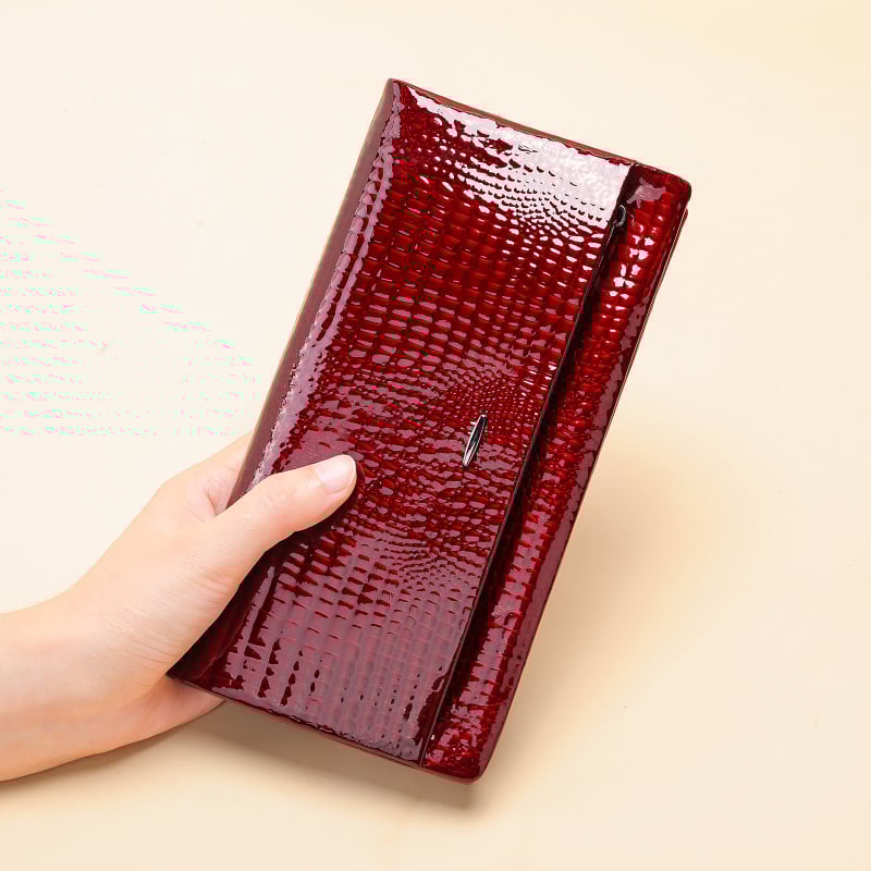 Дамски дълъг портфейл от естествена кожа, лакована кожа с крокодилен модел, голям капацитет, множество отделения за карти, водоустойчив