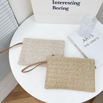 Χειροποίητη ψάθινη τσάντα από σιτάρι, clutch με θήκη για κινητό, φερμουάρ, επένδυση πολυεστέρα