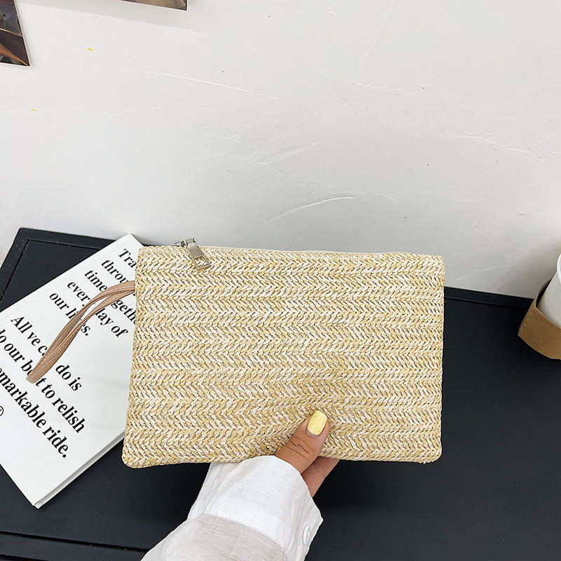 Χειροποίητη ψάθινη τσάντα από σιτάρι, clutch με θήκη για κινητό, φερμουάρ, επένδυση πολυεστέρα