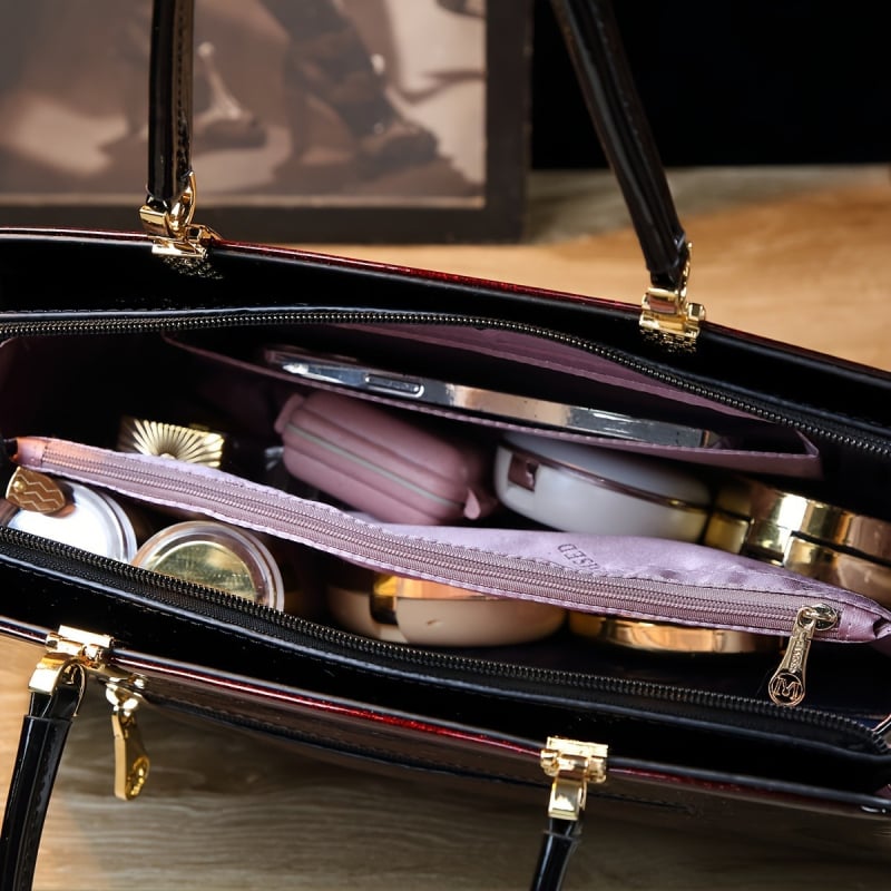 PU bőrhatású Tote táska, nagy kapacitás, poliészter bélés, belső cipzáras zseb