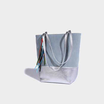 Geantă bucket din denim pentru femei, stil street, formă verticală pătrată, închidere magnetică, căptușeală poliester