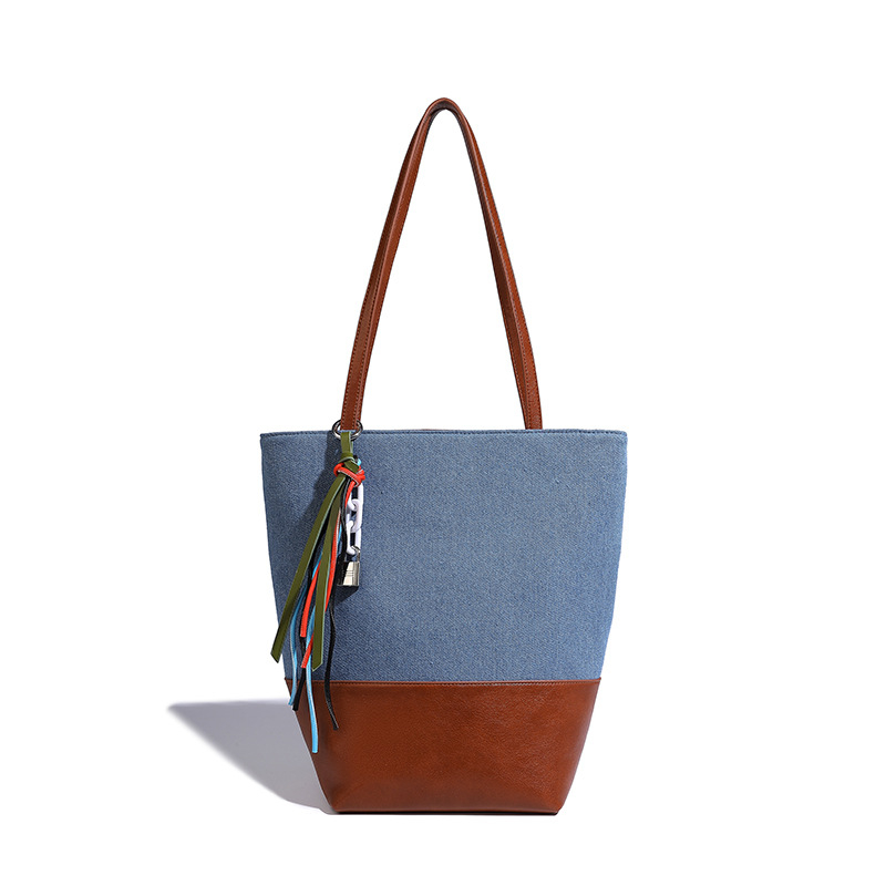 Geantă bucket din denim pentru femei, stil street, formă verticală pătrată, închidere magnetică, căptușeală poliester