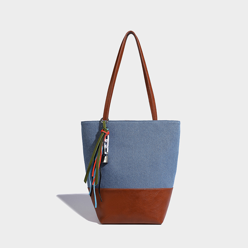 Geantă bucket din denim pentru femei, stil street, formă verticală pătrată, închidere magnetică, căptușeală poliester