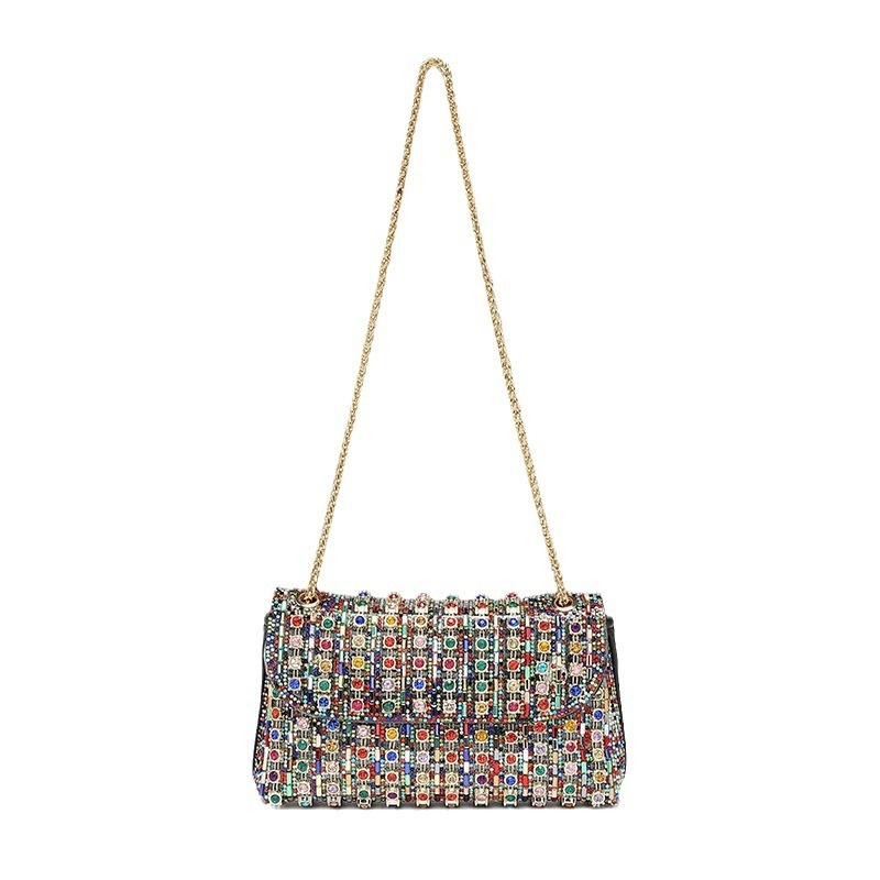 Geantă pătrată cu diamante — material PU, închidere magnetică, căptușeală poliester, buzunar cu fermoar și buzunar pentru telefon, curea simplă, primăvara 2024