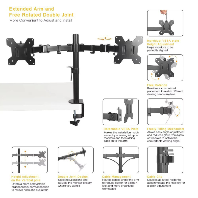 Двойна поставка за монитори с въртене, без пробиване, модел MS-02, материал: студено валцована стомана, тегло 3.66 кг