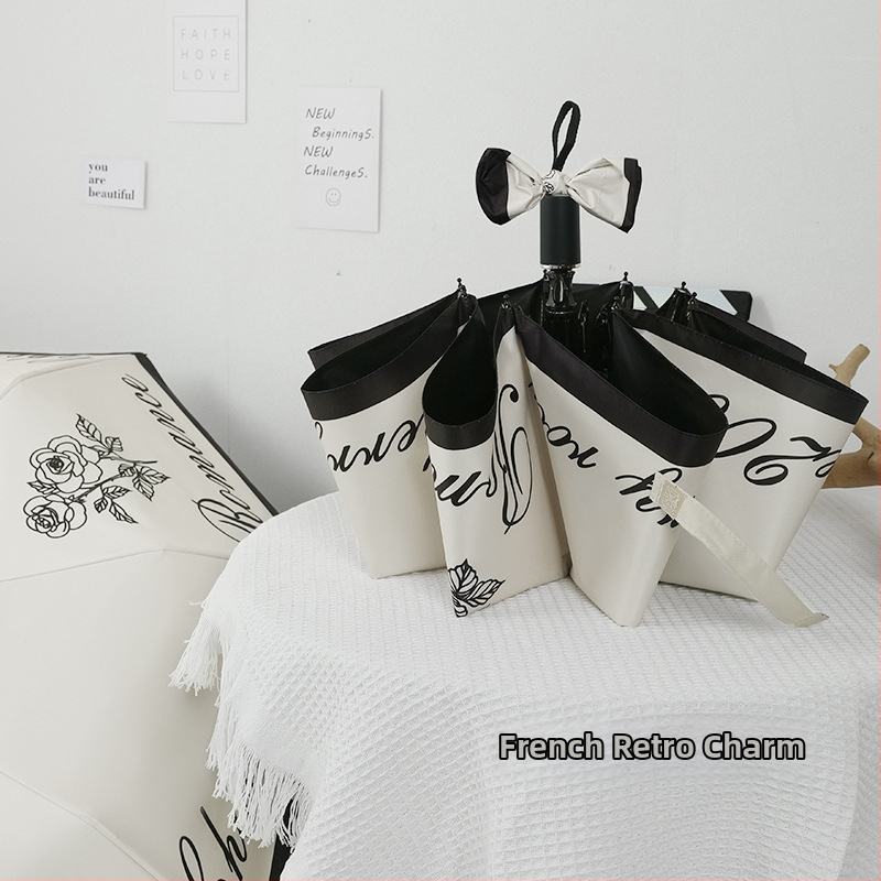 Чадър за слънце и дъжд, автоматично отваряне, сгъваем трипътен чадър с 8 ребра, UPF >50