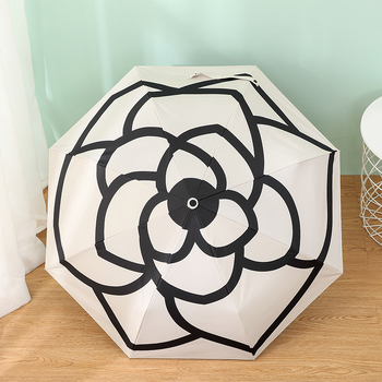 Silanfang kamelijų saulės ir lietaus sulankstomas skėtis – rankinis atidarymas, 8 pluošto rėmas, plieninis kotas, UPF>50, logotipo spausdinimas