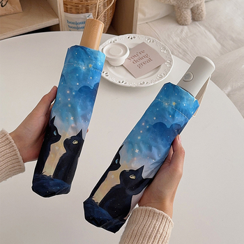 Automatinis sulankstomas skėtis su katės motyvu saulėtoms ir lietingoms dienoms, PA+++ UV apsauga, 190T audinys, pluošto rėmas, geležinis vamzdelis, nešiojamas, dvejopas naudojimas