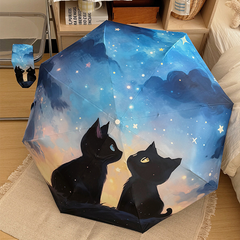 Automatinis sulankstomas skėtis su katės motyvu saulėtoms ir lietingoms dienoms, PA+++ UV apsauga, 190T audinys, pluošto rėmas, geležinis vamzdelis, nešiojamas, dvejopas naudojimas