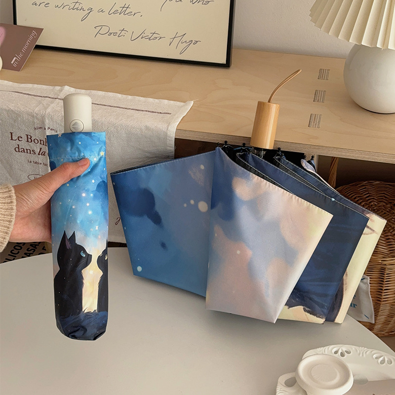 Automatinis sulankstomas skėtis su katės motyvu saulėtoms ir lietingoms dienoms, PA+++ UV apsauga, 190T audinys, pluošto rėmas, geležinis vamzdelis, nešiojamas, dvejopas naudojimas