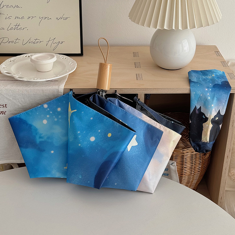 Automatinis sulankstomas skėtis su katės motyvu saulėtoms ir lietingoms dienoms, PA+++ UV apsauga, 190T audinys, pluošto rėmas, geležinis vamzdelis, nešiojamas, dvejopas naudojimas