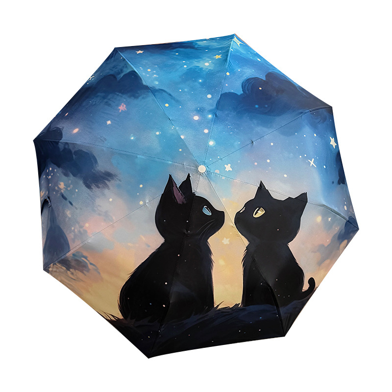 Automatinis sulankstomas skėtis su katės motyvu saulėtoms ir lietingoms dienoms, PA+++ UV apsauga, 190T audinys, pluošto rėmas, geležinis vamzdelis, nešiojamas, dvejopas naudojimas