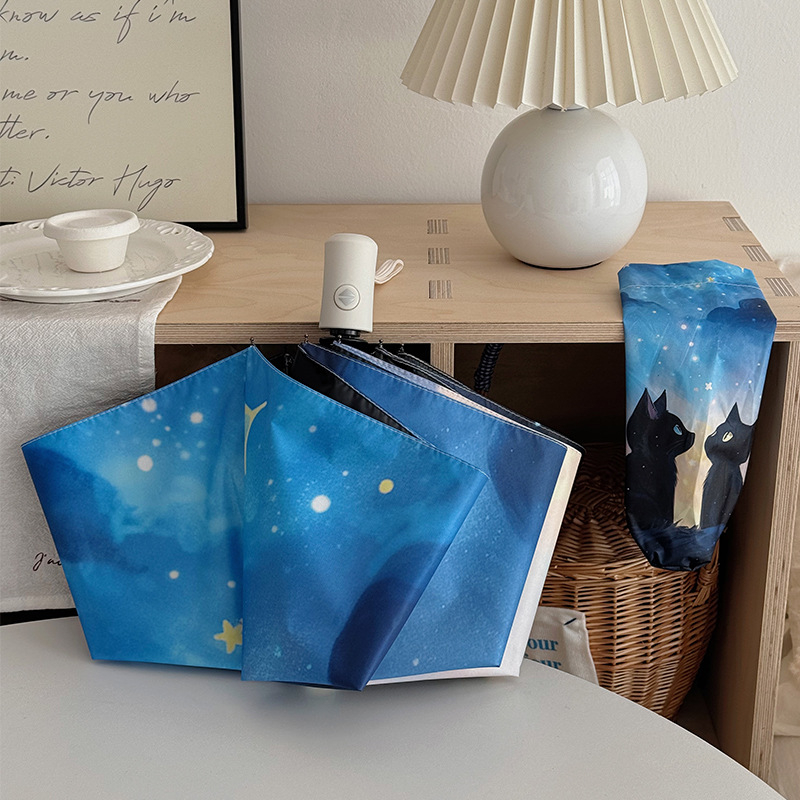 Automatinis sulankstomas skėtis su katės motyvu saulėtoms ir lietingoms dienoms, PA+++ UV apsauga, 190T audinys, pluošto rėmas, geležinis vamzdelis, nešiojamas, dvejopas naudojimas