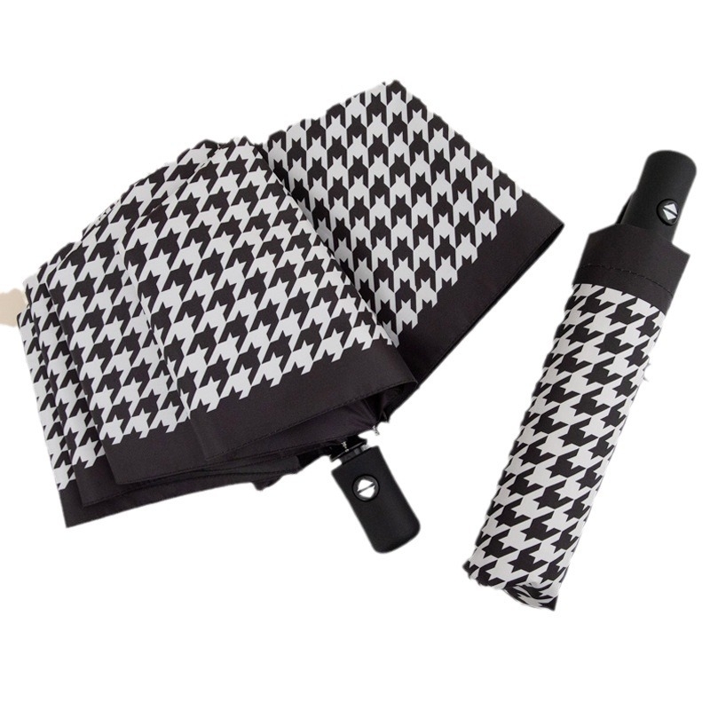 Trijų dalių skėtis nuo saulės su houndstooth raštu, automatinis atidarymas, 8 skėčių plieninis rėmas, poliesteris 190T audinys, UPF>50 UV apsauga