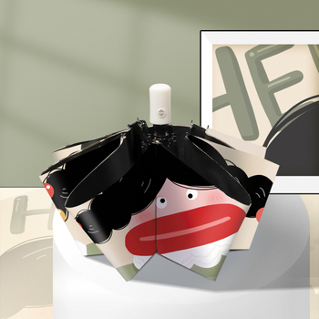 Saulės ir lietaus skėtis, trijų dalių cartoon stiliaus, UPF >50, poliesterio audinys 190T, 8 geležinės rėmos, geležinis kotas, rankinis atidarymas