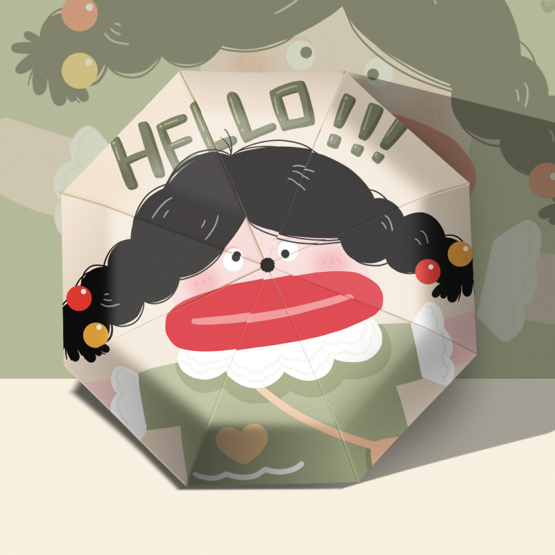 Saulės ir lietaus skėtis, trijų dalių cartoon stiliaus, UPF >50, poliesterio audinys 190T, 8 geležinės rėmos, geležinis kotas, rankinis atidarymas