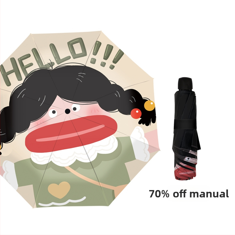 Saulės ir lietaus skėtis, trijų dalių cartoon stiliaus, UPF >50, poliesterio audinys 190T, 8 geležinės rėmos, geležinis kotas, rankinis atidarymas
