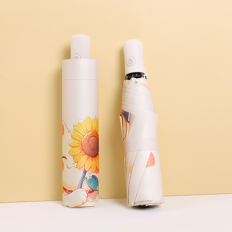 Automatinis sulankstomas skėtis nuo saulės ir lietaus, Vinyl 190T danga, 8 pluošto skliausteliai, aliuminis kotas, Cartoon gėlės dizainas