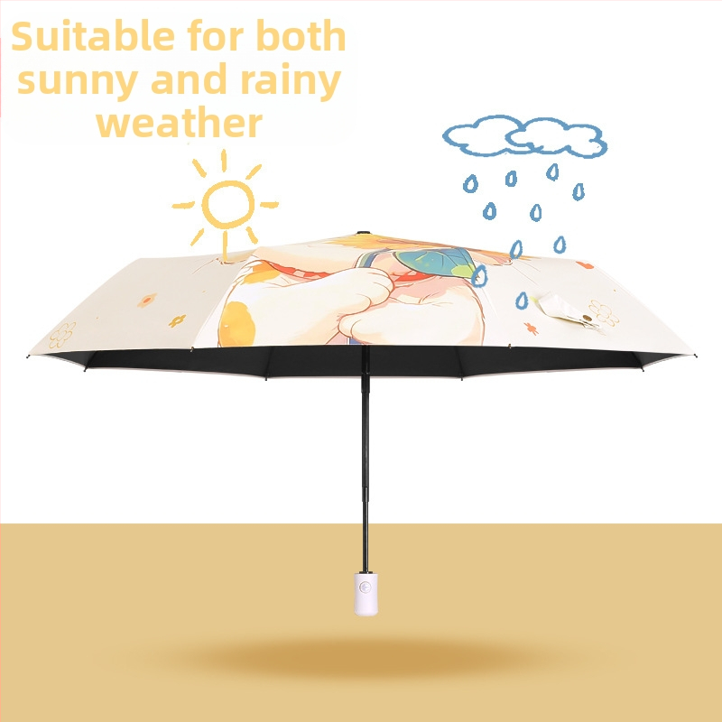 Автоматична сгъваема чадър за слънце и дъжд, Vinyl 190T покрив, 8 ребра от фибростъкло, алуминиево тяло, дизайн с карикатурно цвете