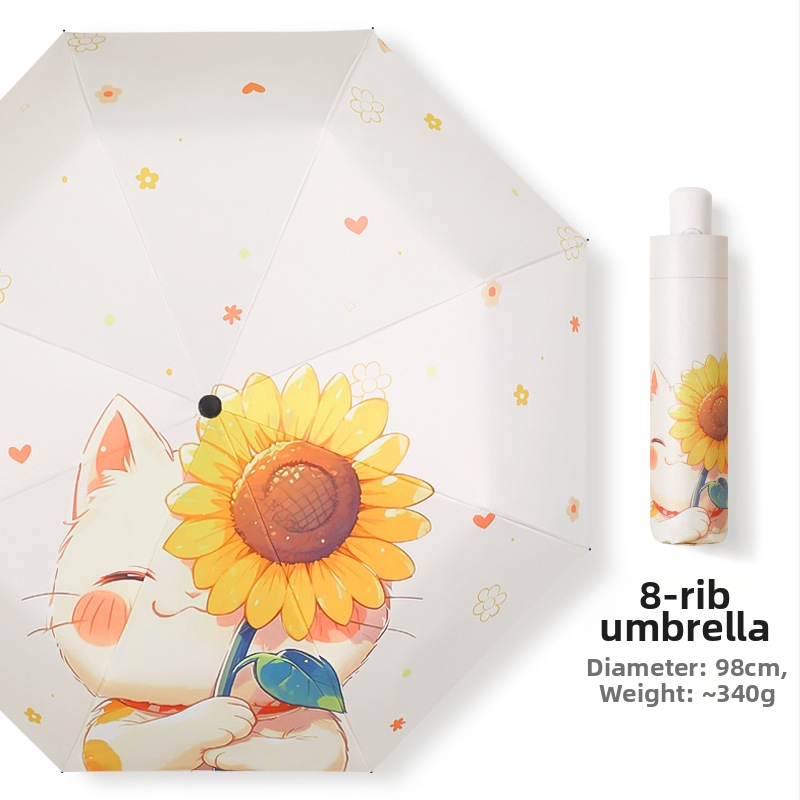 Automatinis sulankstomas skėtis nuo saulės ir lietaus, Vinyl 190T danga, 8 pluošto skliausteliai, aliuminis kotas, Cartoon gėlės dizainas
