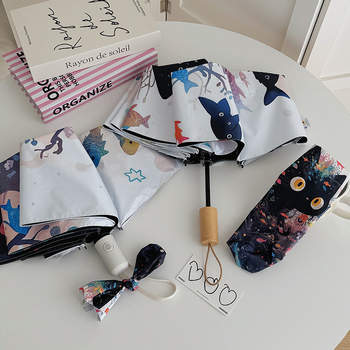 Sulankstomas skėtis su mielu animaciniu kačiuko dizainu, automatinis atidarymas ir uždarymas, UV apsauga UPF >50, 210T audinys, 8 strypų rėmas.