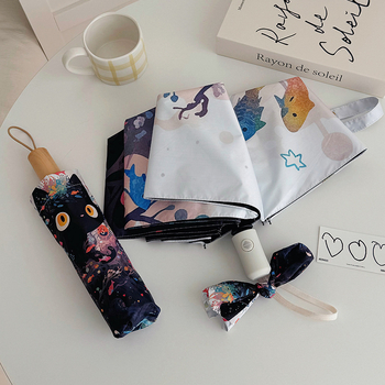 Sulankstomas skėtis su mielu animaciniu kačiuko dizainu, automatinis atidarymas ir uždarymas, UV apsauga UPF >50, 210T audinys, 8 strypų rėmas.