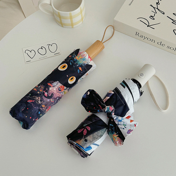 Sulankstomas skėtis su mielu animaciniu kačiuko dizainu, automatinis atidarymas ir uždarymas, UV apsauga UPF >50, 210T audinys, 8 strypų rėmas.