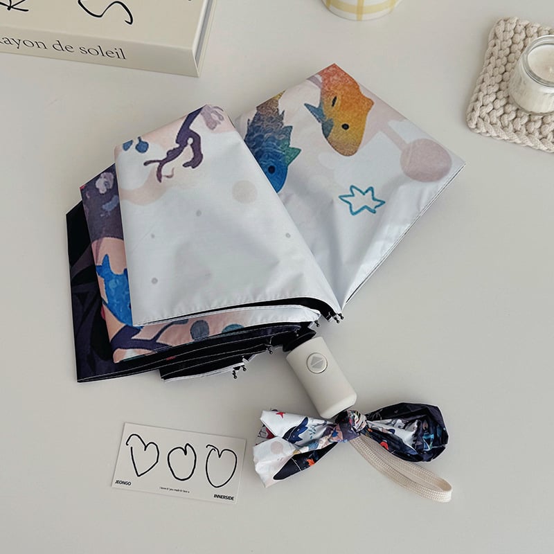 Sulankstomas skėtis su mielu animaciniu kačiuko dizainu, automatinis atidarymas ir uždarymas, UV apsauga UPF >50, 210T audinys, 8 strypų rėmas.