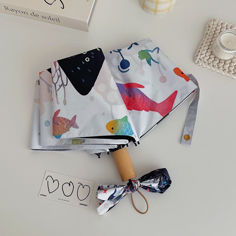 Sulankstomas skėtis su mielu animaciniu kačiuko dizainu, automatinis atidarymas ir uždarymas, UV apsauga UPF >50, 210T audinys, 8 strypų rėmas.