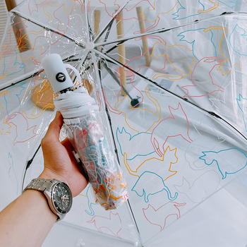 Skaidrus sulankstomas skėtis su automatinio atidarymo, geležies rėmas, plastikinė rankena, 190T poliesteris, 8 ribos