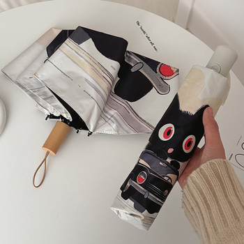 Pilnai automatinė katės animacinė skėtis su PA+++ UV apsauga, dvigubos paskirties – saulė ir lietus, nešiojamas sulankstomas skėtis, 190T audinys, pluošto rėmai, geležinis kotas.