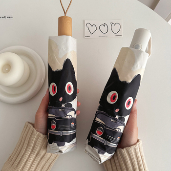 Pilnai automatinė katės animacinė skėtis su PA+++ UV apsauga, dvigubos paskirties – saulė ir lietus, nešiojamas sulankstomas skėtis, 190T audinys, pluošto rėmai, geležinis kotas.