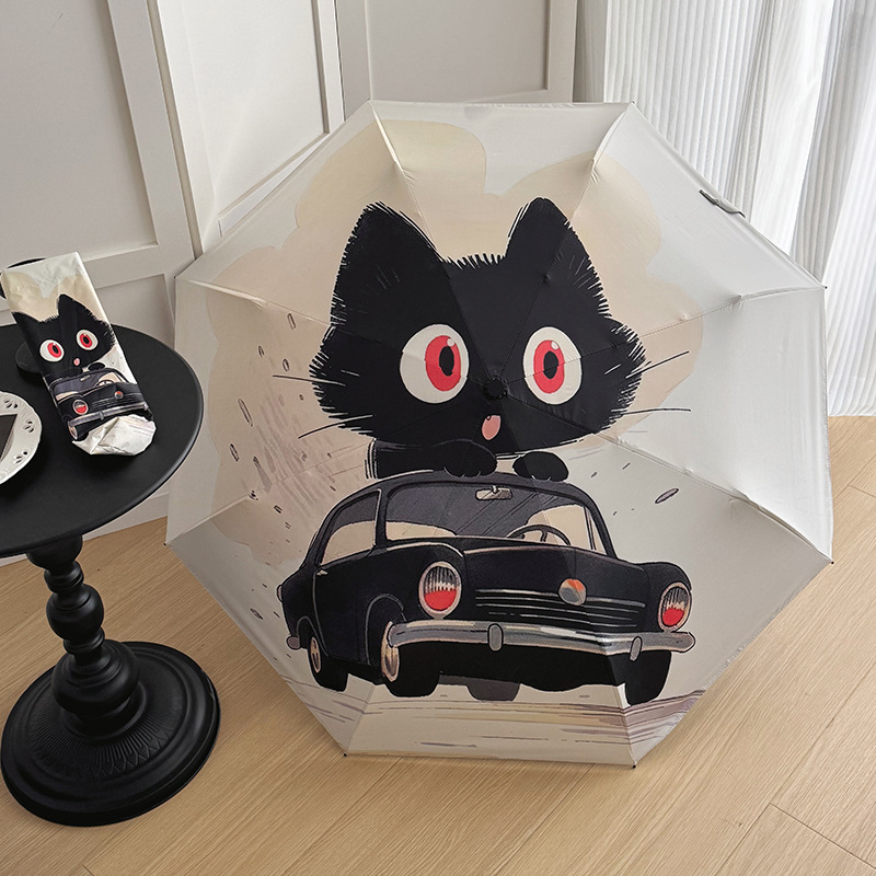 Pilnai automatinė katės animacinė skėtis su PA+++ UV apsauga, dvigubos paskirties – saulė ir lietus, nešiojamas sulankstomas skėtis, 190T audinys, pluošto rėmai, geležinis kotas.