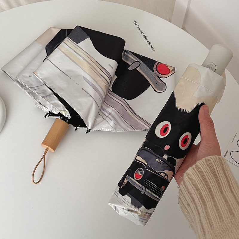 Pilnai automatinė katės animacinė skėtis su PA+++ UV apsauga, dvigubos paskirties – saulė ir lietus, nešiojamas sulankstomas skėtis, 190T audinys, pluošto rėmai, geležinis kotas.