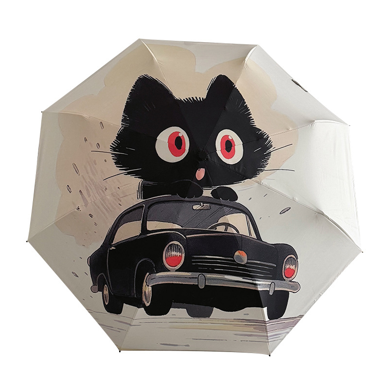 Pilnai automatinė katės animacinė skėtis su PA+++ UV apsauga, dvigubos paskirties – saulė ir lietus, nešiojamas sulankstomas skėtis, 190T audinys, pluošto rėmai, geležinis kotas.