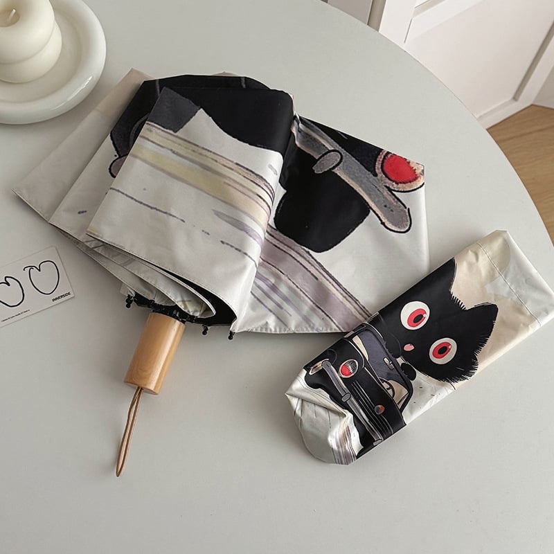 Pilnai automatinė katės animacinė skėtis su PA+++ UV apsauga, dvigubos paskirties – saulė ir lietus, nešiojamas sulankstomas skėtis, 190T audinys, pluošto rėmai, geležinis kotas.