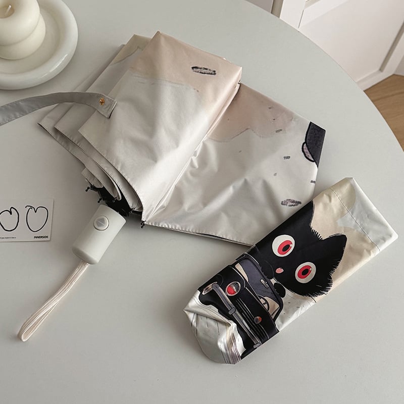 Pilnai automatinė katės animacinė skėtis su PA+++ UV apsauga, dvigubos paskirties – saulė ir lietus, nešiojamas sulankstomas skėtis, 190T audinys, pluošto rėmai, geležinis kotas.