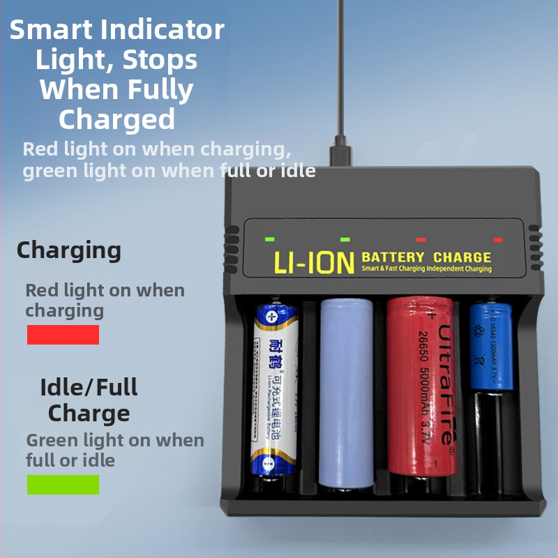 USB зарядно за литиеви батерии с четири слота — интелигентно зареждане, Type-C интерфейс, вход 5V, изход 4.2V/2A, поддържа 18650, 26650, 21700, 14500, 16340, 18500, 18350, 16650.