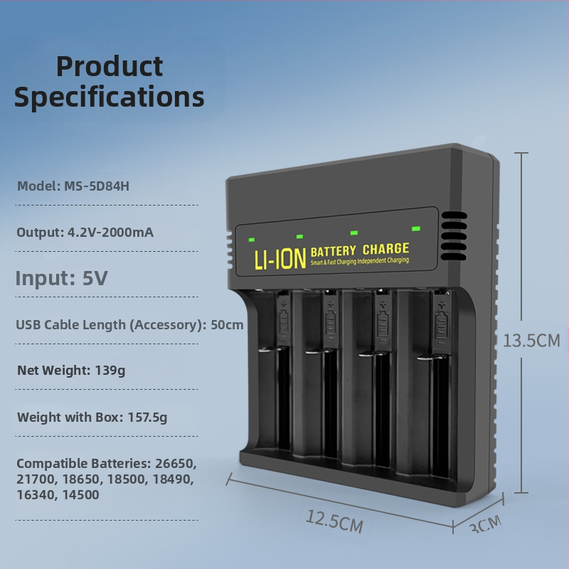 USB зарядно за литиеви батерии с четири слота — интелигентно зареждане, Type-C интерфейс, вход 5V, изход 4.2V/2A, поддържа 18650, 26650, 21700, 14500, 16340, 18500, 18350, 16650.