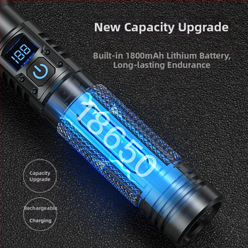 Φακός LED, 10W, επαναφορτιζόμενη μπαταρία 1800 mAh, αδιάβροχος, ψηφιακή οθόνη, οπτικό ζουμ