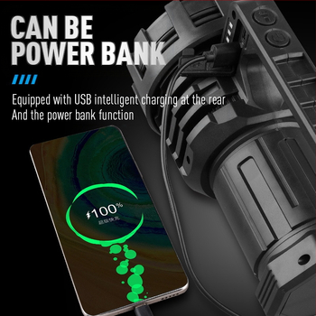 Φορτιζόμενος φακός με LED – μπαταρία 4000 mAh, έως 1200 lm, εμβέλεια 500 m+, χειροκίνητη λειτουργία παροχής ενέργειας