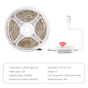 LED juosta drabužinei su judesio jutikliu, USB 5V, 60 LED, 120° kampas, atspari vandeniui