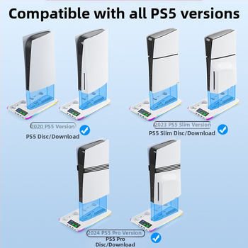 PS5 βάση ψύξης με φωτισμό RGB, USB-C διεπαφή, κρεμάστρα ακουστικών και docking φόρτισης χειριστών, συμβατή με PS5, PS5 Slim και PS5 Pro