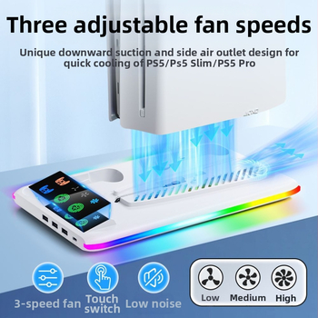 PS5 βάση ψύξης με φωτισμό RGB, USB-C διεπαφή, κρεμάστρα ακουστικών και docking φόρτισης χειριστών, συμβατή με PS5, PS5 Slim και PS5 Pro